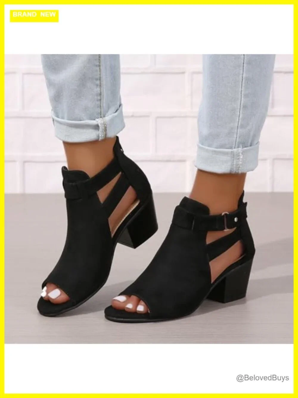 Peep Toe Ankle Booties Chunky Heels Cutout Back Zipper Sandals Suede Side Ankle